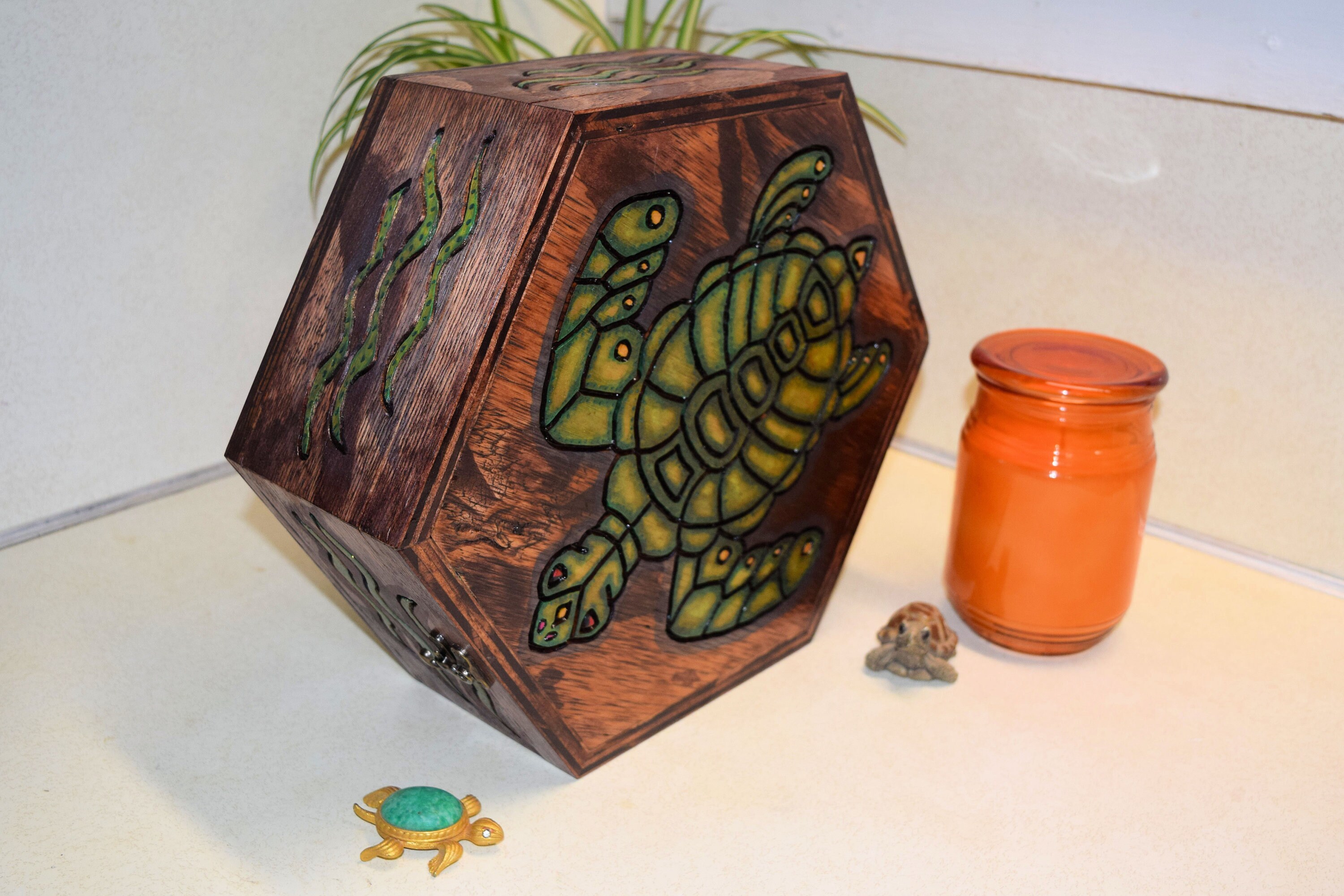 Large Handmade Engraved Sea Turtle Hexagon Box One of a kind Etsy