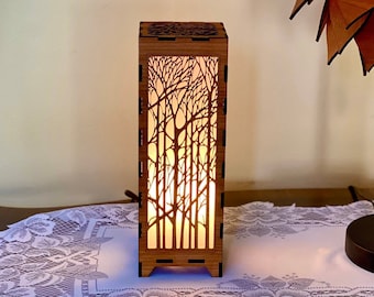 The Trees Wood Lamp, single or pair - Elegant, nature pattern, Great for End Tables, Bedside, Shelf lights, Nightlight - handmade to order