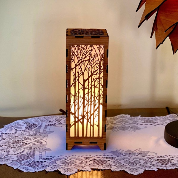 The Trees Wood Lamp, single or pair - Elegant, nature pattern, Great for End Tables, Bedside, Shelf lights, Nightlight - handmade to order