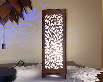 The “Leaves” Table Lamp, Light Box, Meditation light - Laser-Cut, Wood, nature pattern, hand made to order