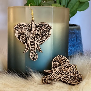 Elephant Mandala wooden drop earrings, Laser engraved & cut