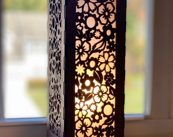 Floral Confetti Wood Table Lamp, Light Box - Laser-Cut, Wood, nature pattern, hand made to order