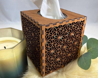 Wood Square Cube Tissue Box, Daisy Pattern, Laser-Cut Wood, Made to order