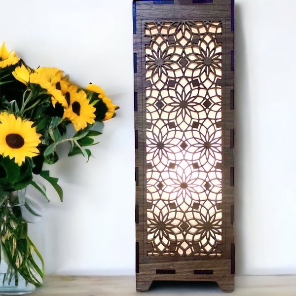 China Cat Sunflower geometric, floral patterned Wood Table Lamp, Light Box - Laser-Cut, Wood, Geometric pattern, hand made to order