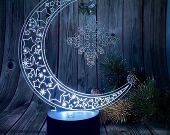 Celestial Crescent Moon with hanging crystal and intricate star snowflake LED color changing Lamp