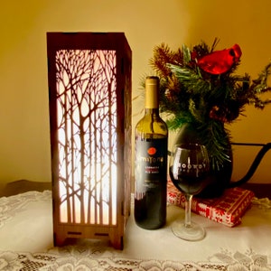 The Trees (XL) Wood Table Lamp, 14” Extra large Light Box - Laser-Cut, Wood, nature pattern, hand made to order