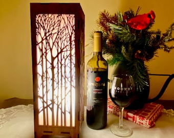 The Trees (XL) Wood Table Lamp, 14” Extra large Light Box - Laser-Cut, Wood, nature pattern, hand made to order