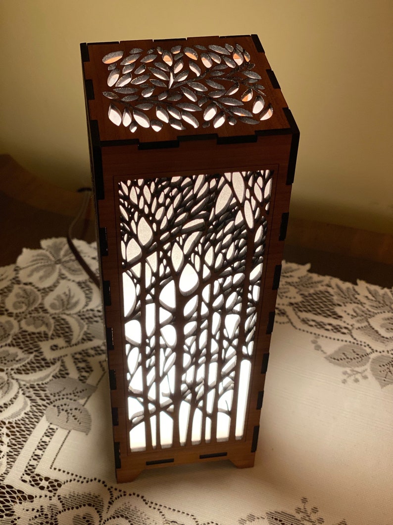 The Trees Wood Lamp, single or pair Elegant, nature pattern, Great for End Tables, Bedside, Shelf lights, Nightlight handmade to order image 4