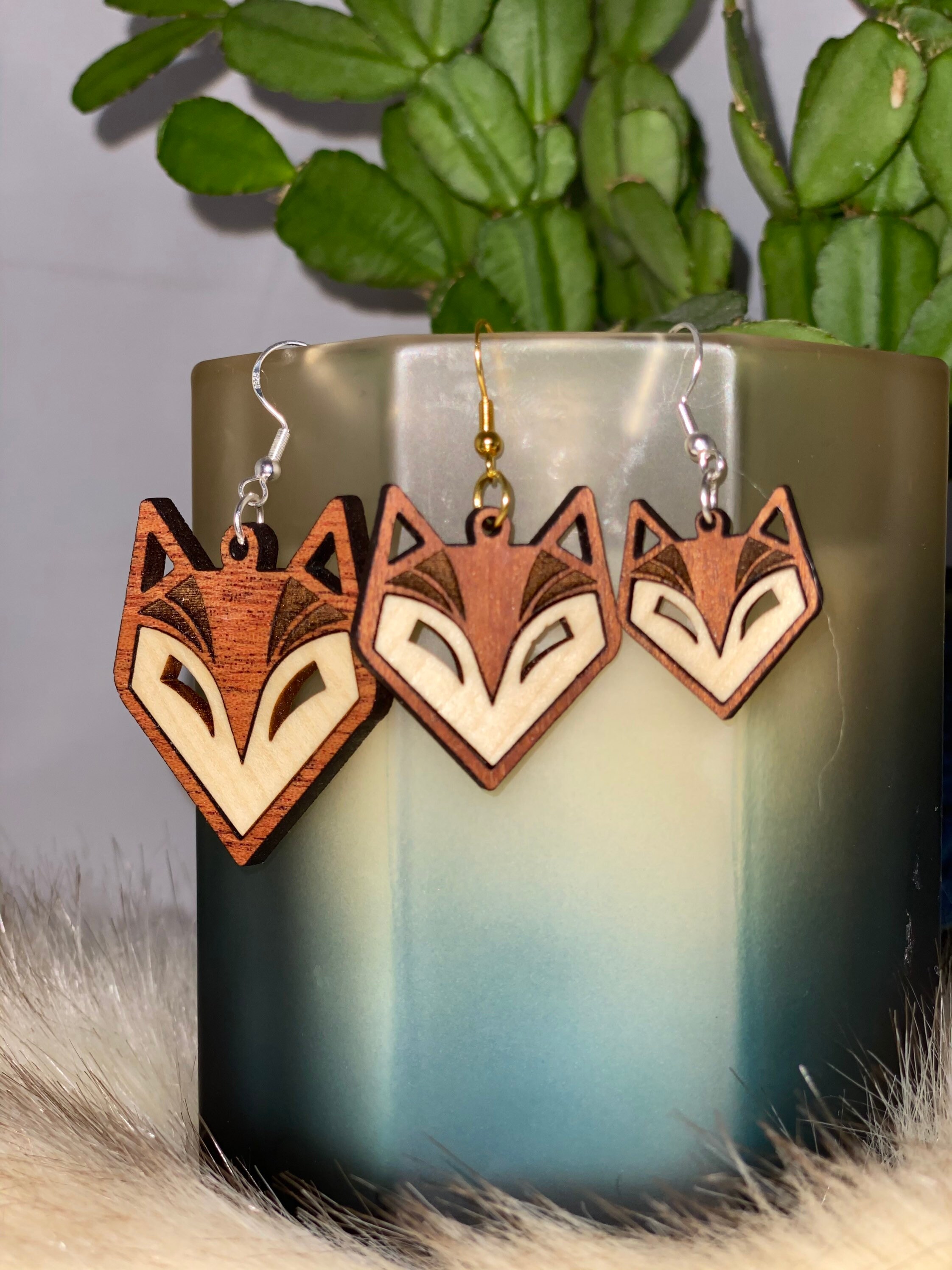 Inlaid Wooden Fox Drop Earrings, Laser Engraved & Cut. Available in 3 ...