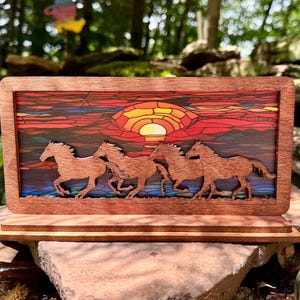 Wild Horses Wood Shelf Sitter – Faux Stained Glass Style | Handmade Horse Art Decor, Rustic Western Gift, Suncatcher