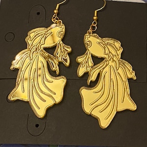 Fancy Koi in a beautiful golden acrylic, Laser-Cut Dangle, Drop Earrings, Lightweight.