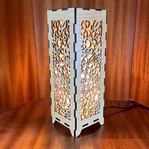 Floral Confetti Wood Table Lamp Light Box Laser-cut Wood 