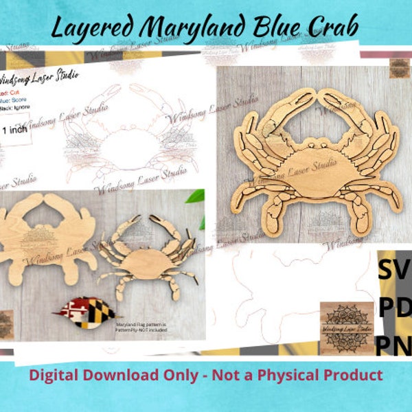 Digital File: Maryland Blue Crab - 1 to 3 layers - SVG, pdf cut file, Glowforge tested-No physical product