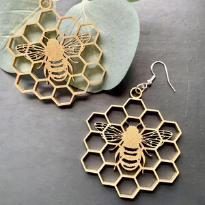 Golden Bee on Honeycomb wooden drop earrings, Laser engraved & cut