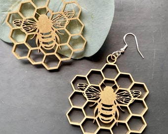 Golden Bee on Honeycomb wooden drop earrings, Laser engraved & cut