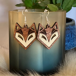 Inlaid Wooden Fox Drop Earrings, Laser engraved & cut. Available in 3 sizes