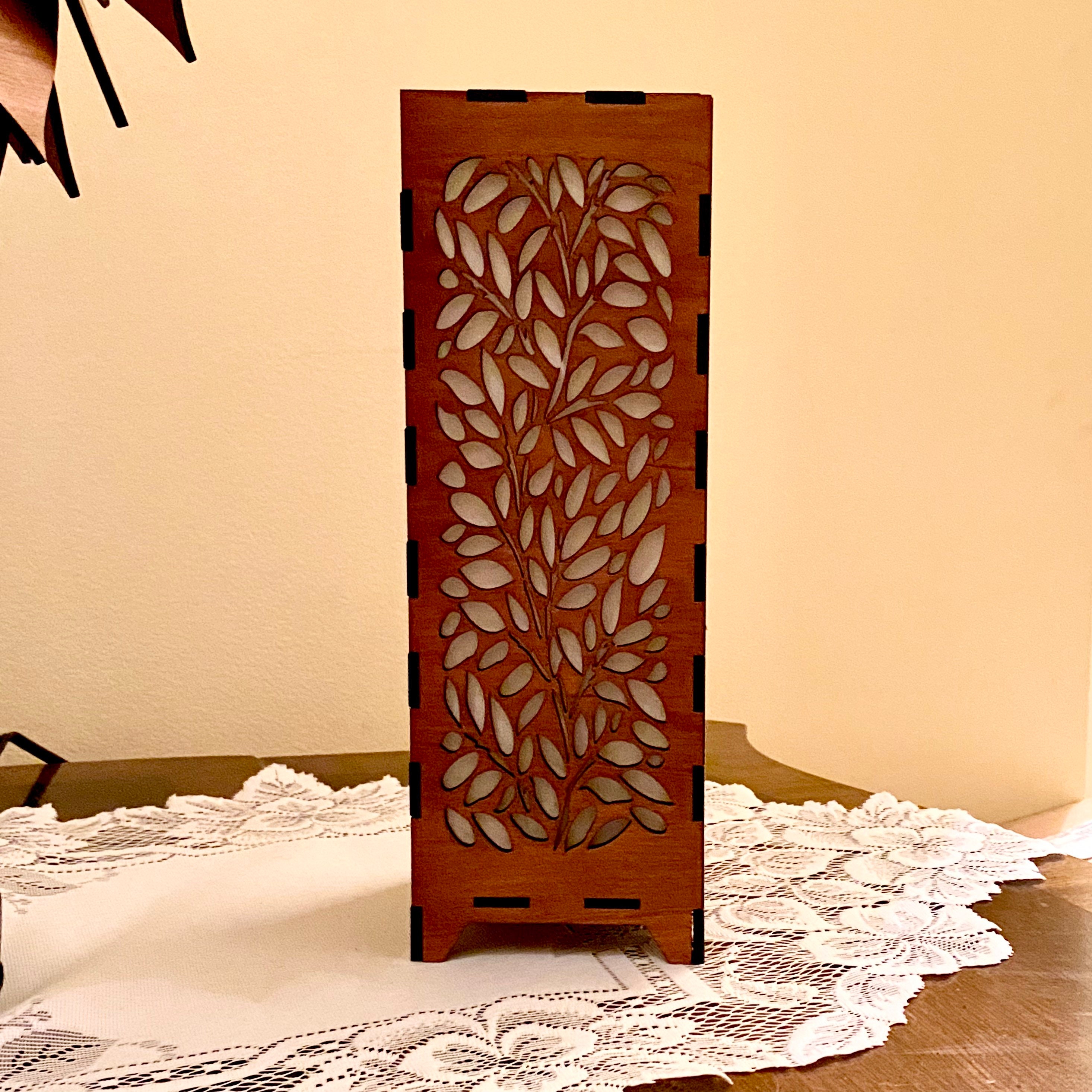 The Leaf Decorated Wooden Table Lamp Light Box Laser Cut 