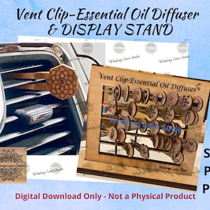 Op de afbeelding: Digitale download van een SVG-, PDF- en PNG-bestand voor een lasergesneden ontwerp van een ventilatieklep-etherische olieverspreider en een displaystandaard. Het ontwerp heeft een mandala-patroon en de tekst "Vent Clip-Essential Oil Diffuser".