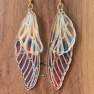 Fairy Wings, Dragonfly, Cicada, Dragon, Butterfly, iridescent acrylic, Laser-Cut Dangle, Drop Earrings, Lightweight, opalescent.