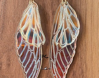 Fairy Wings, Dragonfly, Cicada, Dragon, Butterfly, iridescent acrylic, Laser-Cut Dangle, Drop Earrings, Lightweight, opalescent.