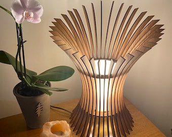 Mid-Century Modern, Angular Lamp - Laser-Cut Wood, 16.25”h x 16.25”l x 14.5”w, Made to order, shipped unassembled. !Please read description!