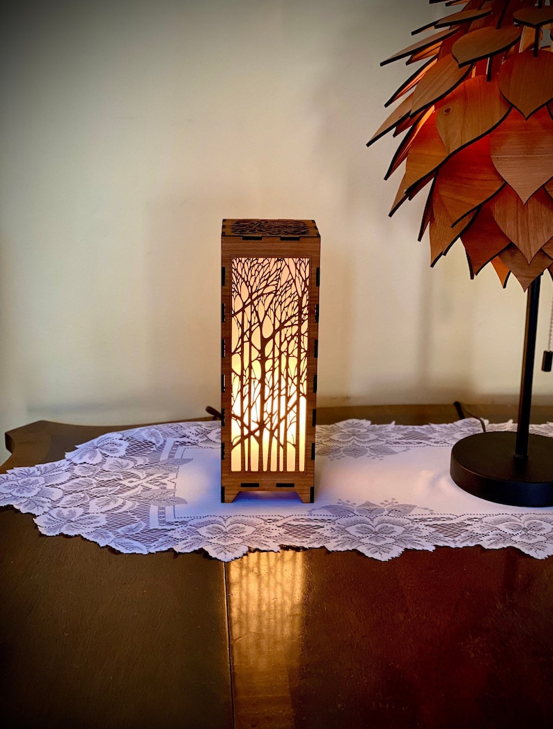 The Trees Wood Lamp, single or pair Elegant, nature pattern, Great for End Tables, Bedside, Shelf lights, Nightlight handmade to order image 1