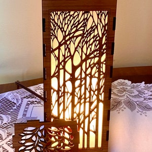 The Trees Wood Lamp, single or pair Elegant, nature pattern, Great for End Tables, Bedside, Shelf lights, Nightlight handmade to order image 7