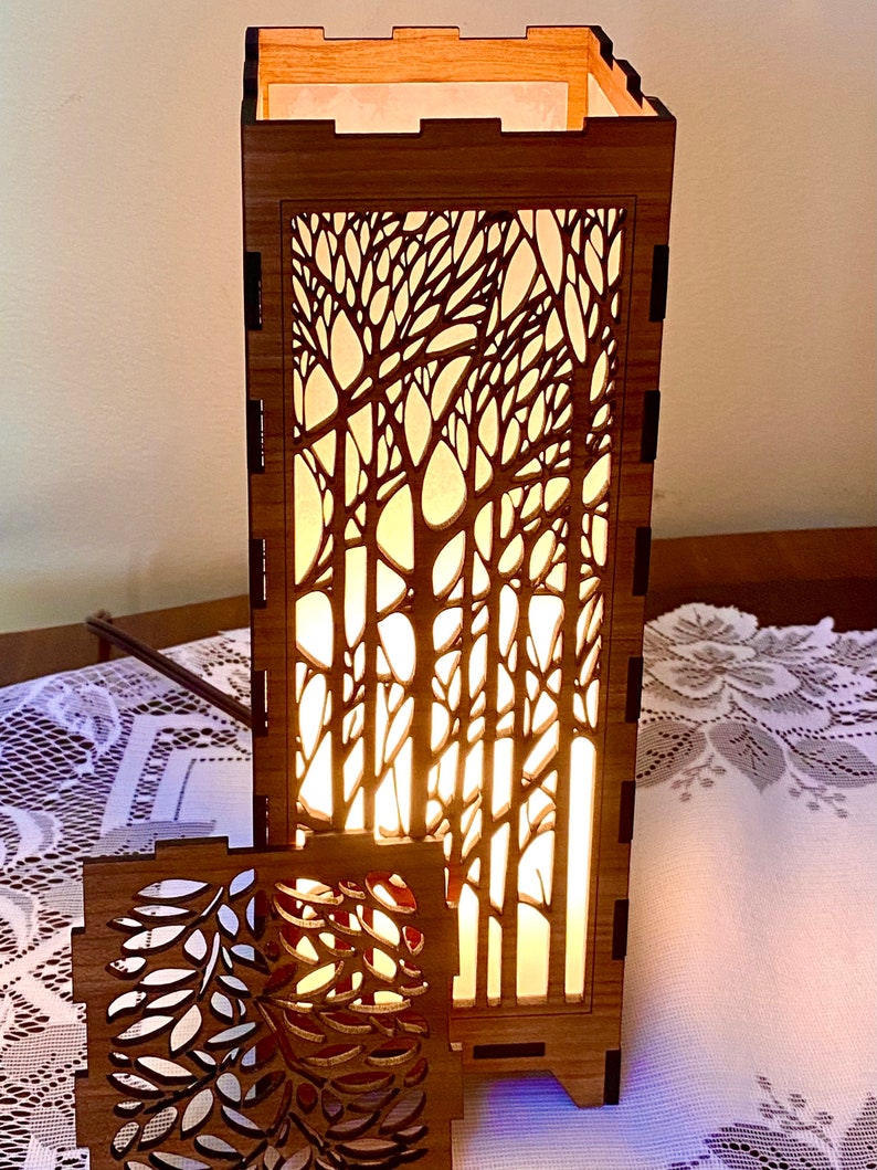 The Trees Wood Lamp, single or pair Elegant, nature pattern, Great for End Tables, Bedside, Shelf lights, Nightlight handmade to order image 7
