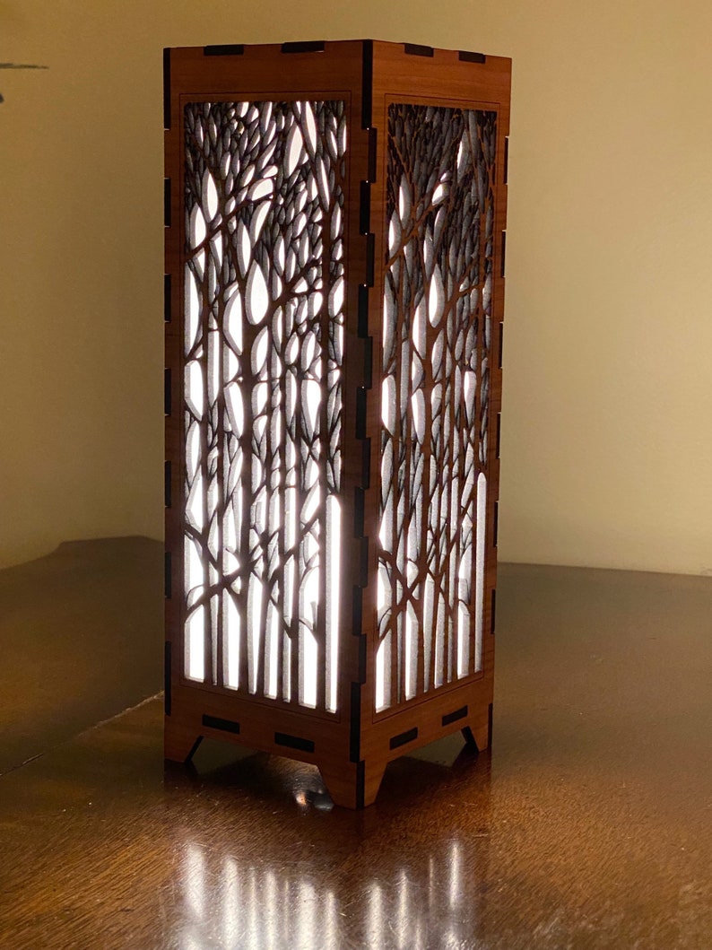 The Trees Wood Lamp, single or pair Elegant, nature pattern, Great for End Tables, Bedside, Shelf lights, Nightlight handmade to order image 5