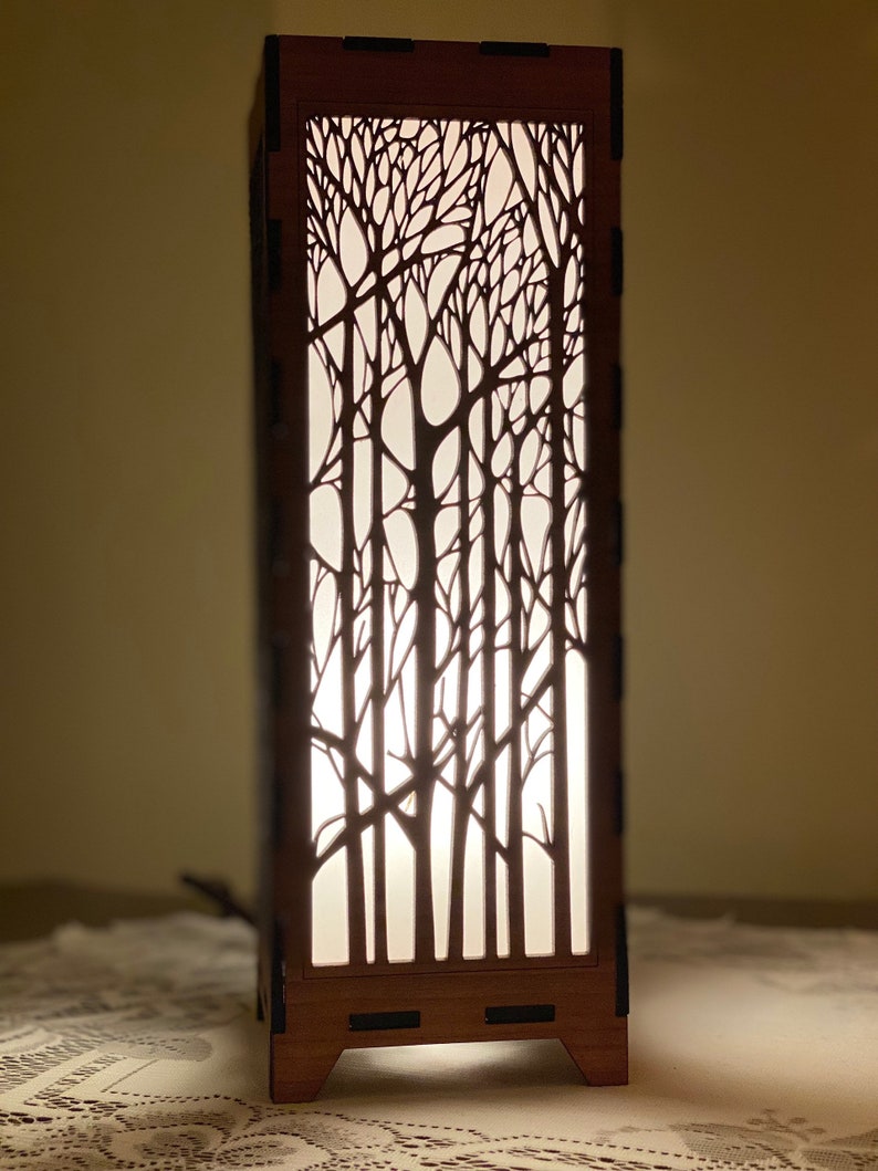 The Trees Wood Lamp, single or pair Elegant, nature pattern, Great for End Tables, Bedside, Shelf lights, Nightlight handmade to order image 3