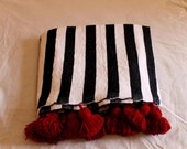 Moroccan Pom Pom Throw Blanket - Soft Cozy Cotton Moroccan Pom Pom Blanket, King size blanket, white with black stripes,personalized gifts