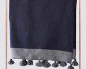 Moroccan Pom Pom Throw Blanket - Soft Cozy Cotton Moroccan Pom Pom Blanket , King size blanket, Navy blue color with gray stripe