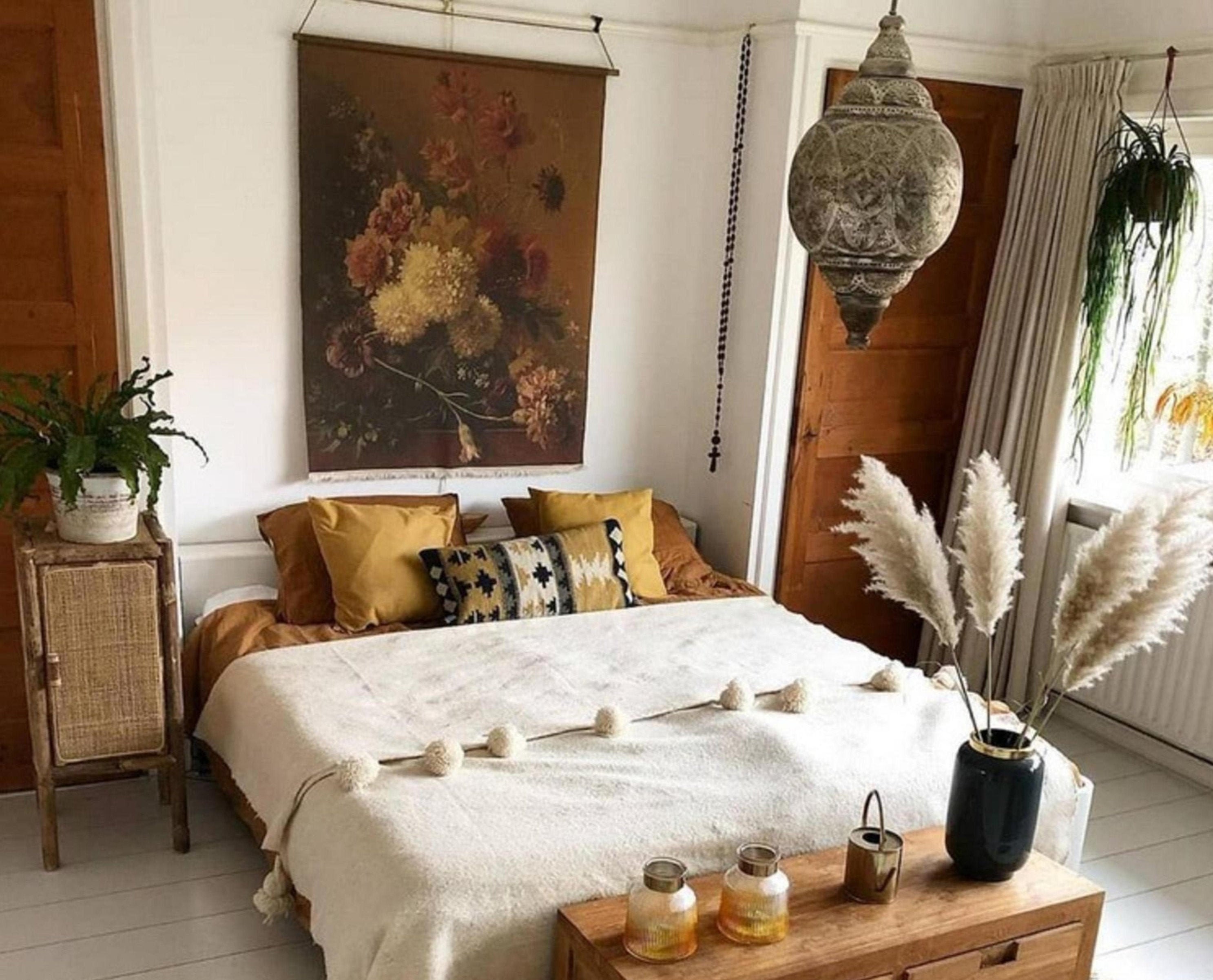 Couverture Marocaine de Pom Laine, Couverture Chambre à Coucher, Jet, Pompon, Blanc Couverture, avec