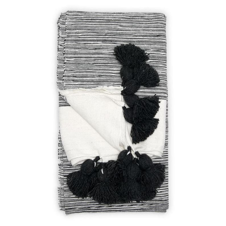 MOROCCAN POMPOM BLANKET Soft and Cozy Blanket Cotton Pom Pom Blanket,Custom Made White blanket with black strips,blanket with tassels