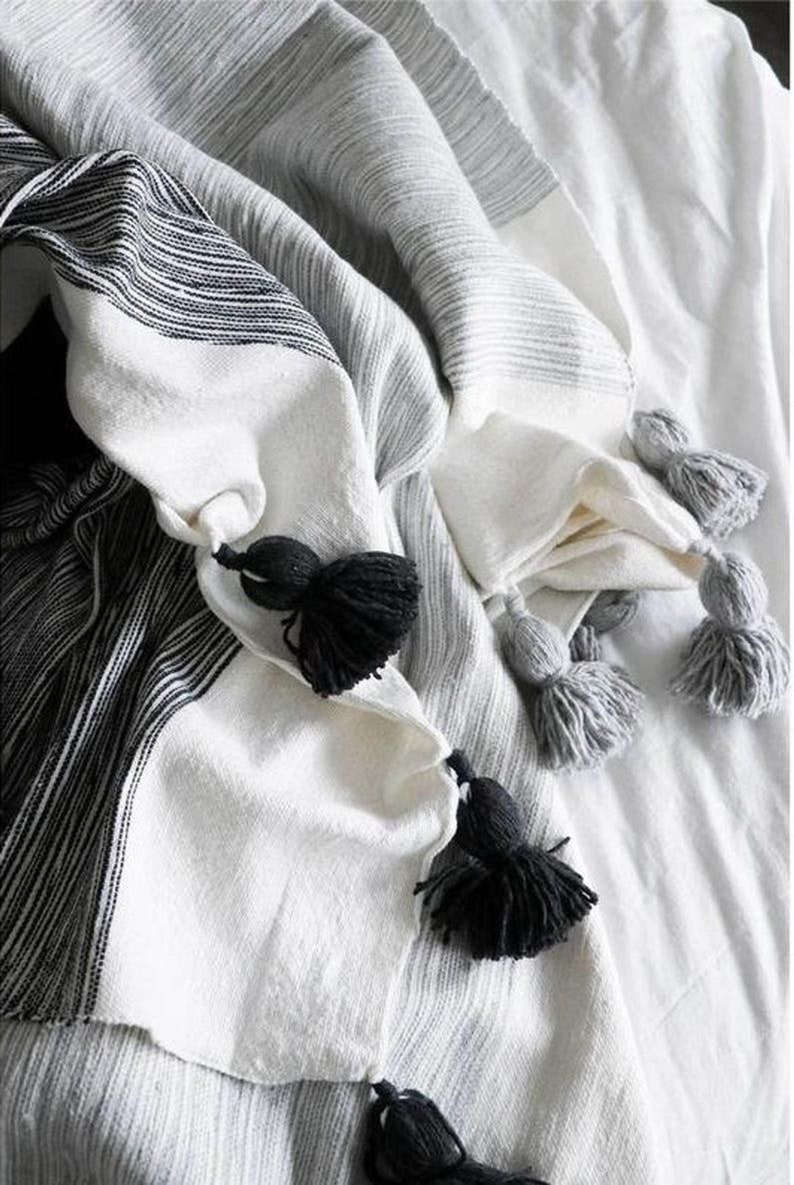 MOROCCAN POMPOM BLANKET Soft and Cozy Blanket Cotton Pom Pom Blanket,Custom Made White blanket with black strips,blanket with tassels