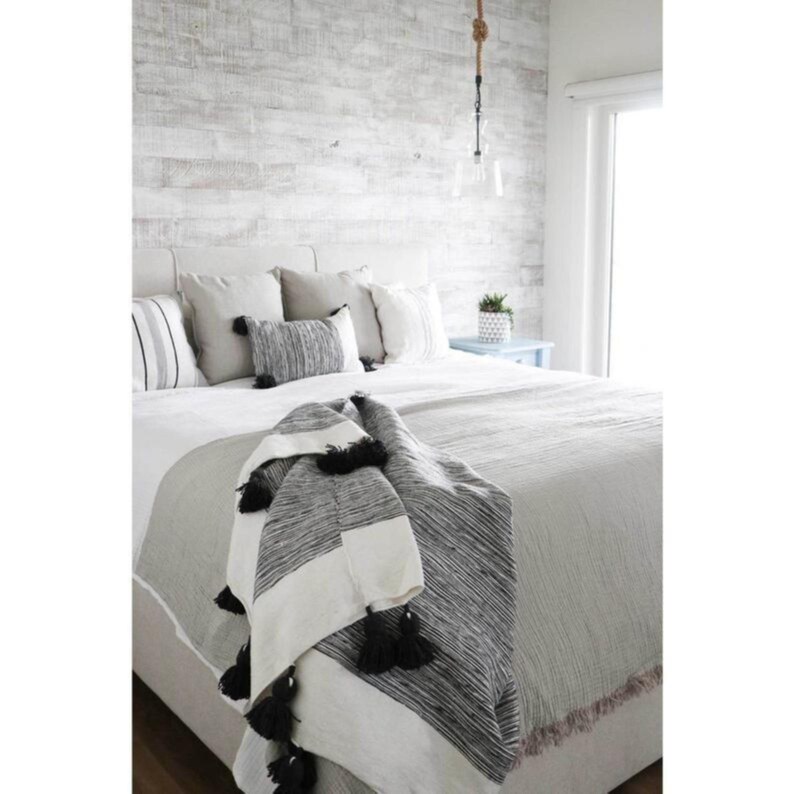 MOROCCAN POMPOM BLANKET Soft and Cozy Blanket Cotton Pom Pom Blanket,Custom Made White blanket with black strips,blanket with tassels