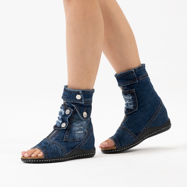 Boho Chic Denim Open Toe Sandals Special Design for Walk and Dance | Handcrafted Comfort in Simple Style