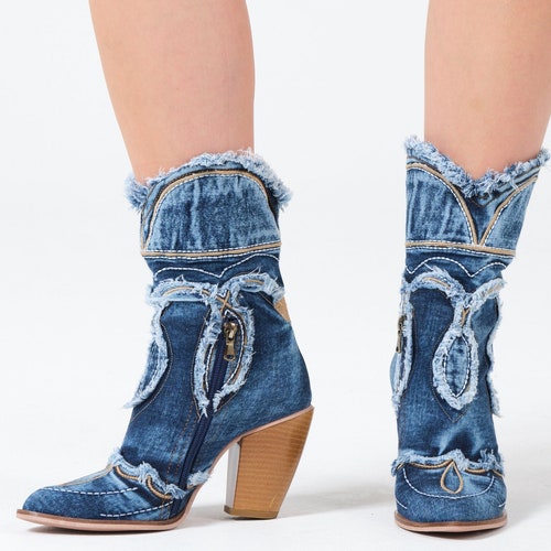 Blue Denim Boots Shoes Handmade Supper 