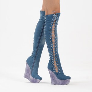 Denim Fabric Sexy Lace-up Boots