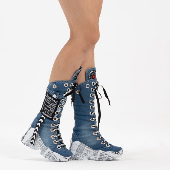 Heeled Lace-up Women's Jeans Shoes Boots - Etsy