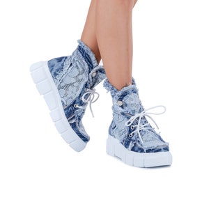 Denim Fabric Jeans Lace Patterned  Sports Boot