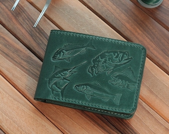 Concepto de pesca Cartera plegable, Cartera de cuero hanmade, Cartera clásica para hombres, Cartera hecha a mano para hombres, Regalo de pescador