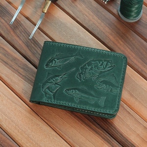 Fishing Concept Bifold Wallet, Hanmade Leather Wallet, Classic Men Wallet, Handmade Wallet Men, Fisher Gift