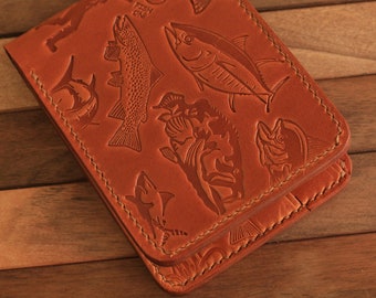 Concepto de pesca Cartera plegable, Cartera de cuero hanmade, Cartera clásica para hombres, Cartera hecha a mano para hombres, Regalo de pescador
