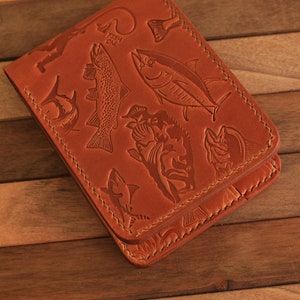 Concepto de pesca Cartera plegable, Cartera de cuero hanmade, Cartera clásica para hombres, Cartera hecha a mano para hombres, Regalo de pescador