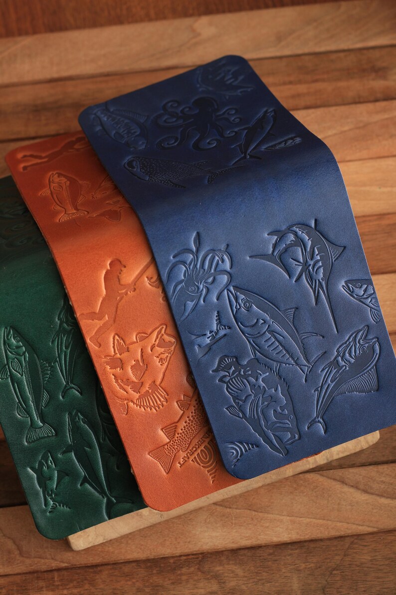 Cartera plegable Ocean Concept, cartera de cuero hanmade, cartera clásica para hombres, cartera hecha a mano para hombres, regalo de pescador imagen 3