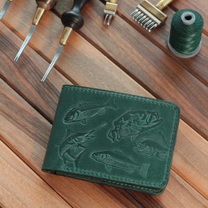 Cartera plegable Ocean Concept, cartera de cuero hanmade, cartera clásica para hombres, cartera hecha a mano para hombres, regalo de pescador imagen 7