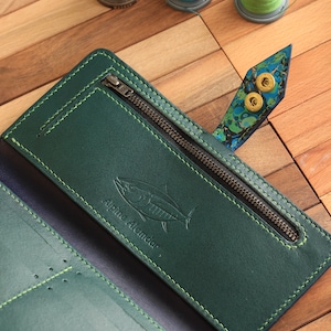 Cartera larga de cuero, cartera cosida a mano, cartera hecha a mano para mujer