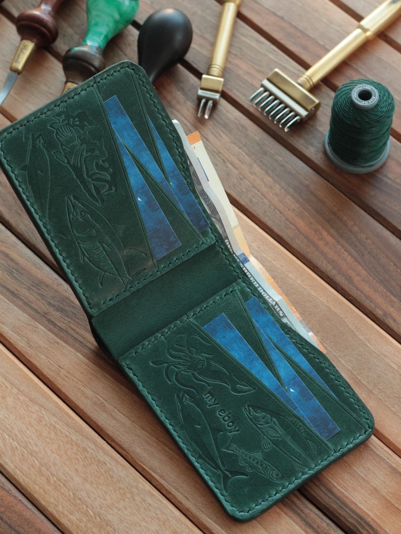 Cartera plegable Ocean Concept, cartera de cuero hanmade, cartera clásica para hombres, cartera hecha a mano para hombres, regalo de pescador imagen 6