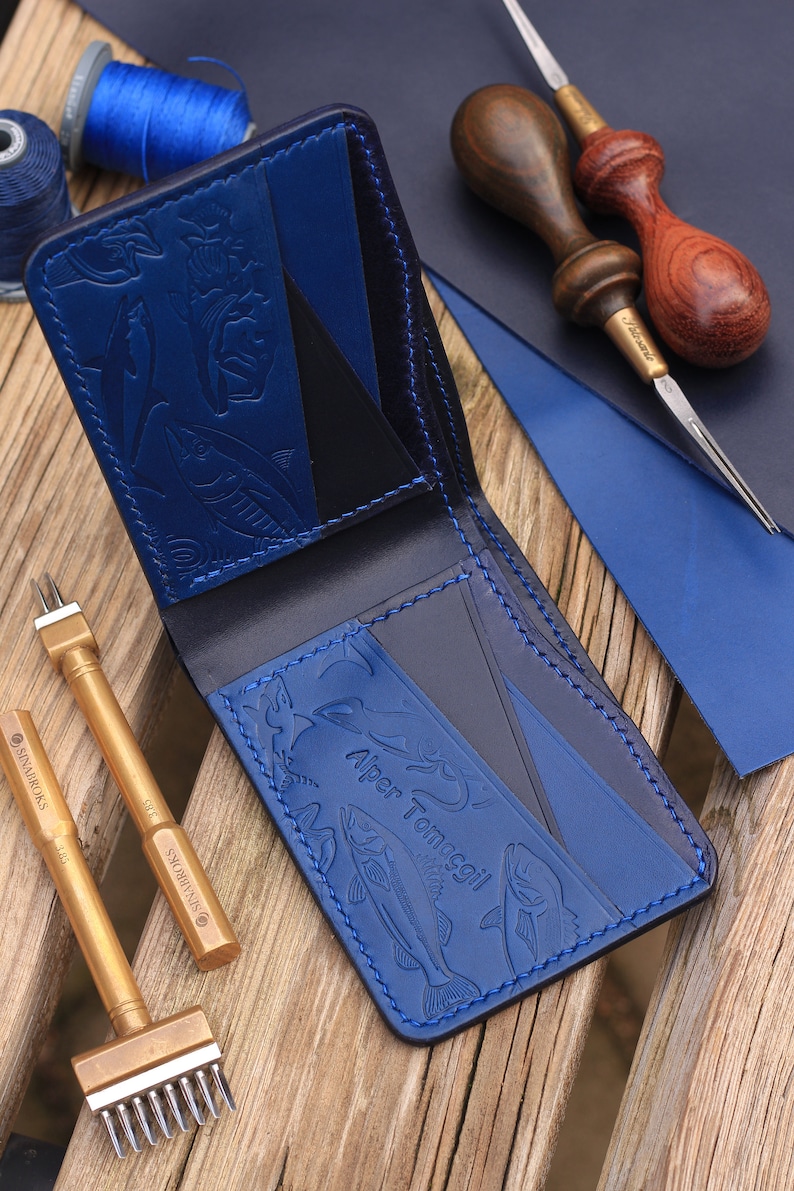 Cartera plegable Ocean Concept, cartera de cuero hanmade, cartera clásica para hombres, cartera hecha a mano para hombres, regalo de pescador imagen 2